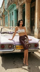 fashion model standing next to a vintage car in colorful old street with retro architecture fashion editorial photography