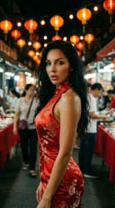 Woman in a red silk dress standing in a night market with glowing lanterns above