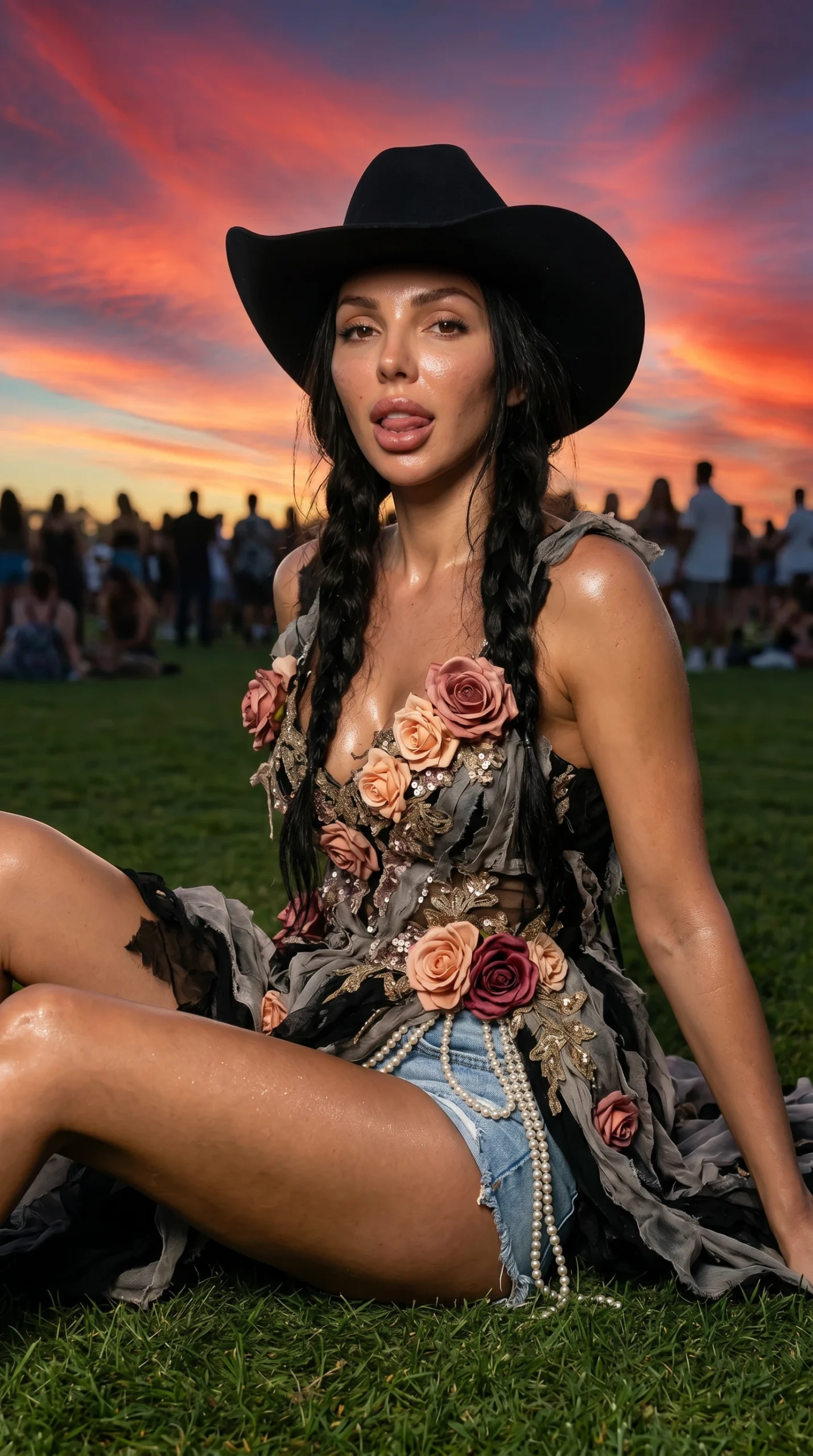 Woman wearing floral couture outfit and black hat at sunset festival with palm trees in background