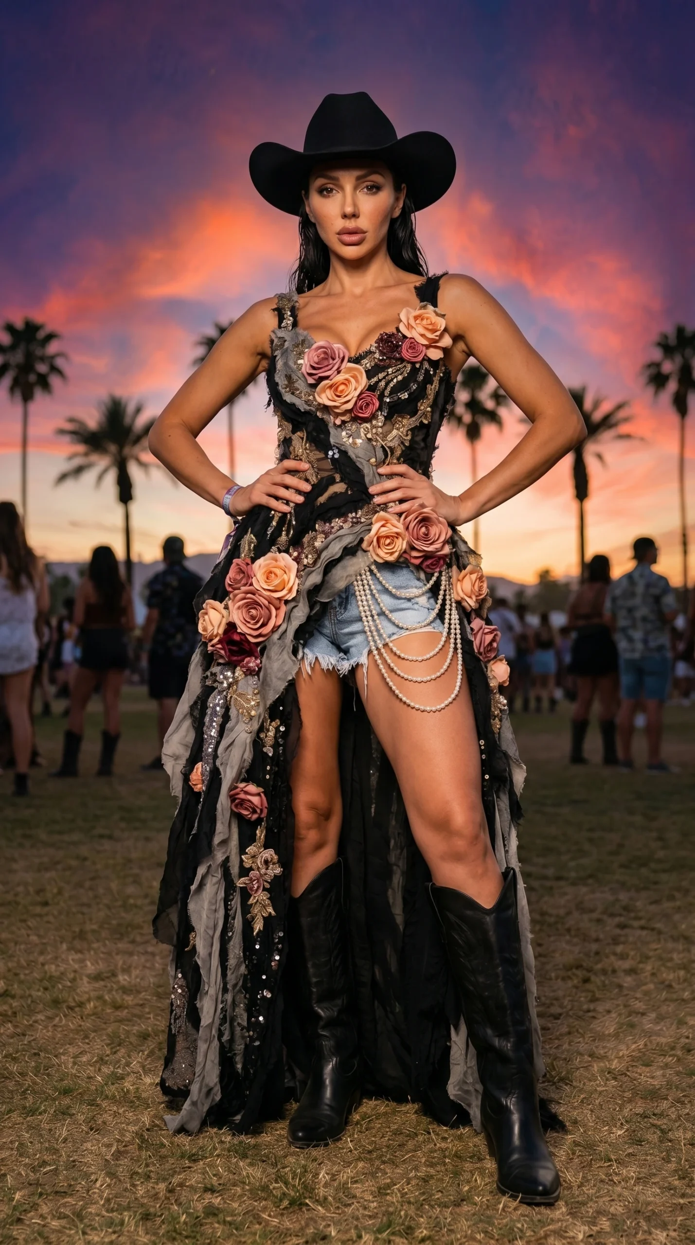 Woman wearing floral couture outfit and black hat at sunset festival with palm trees in background