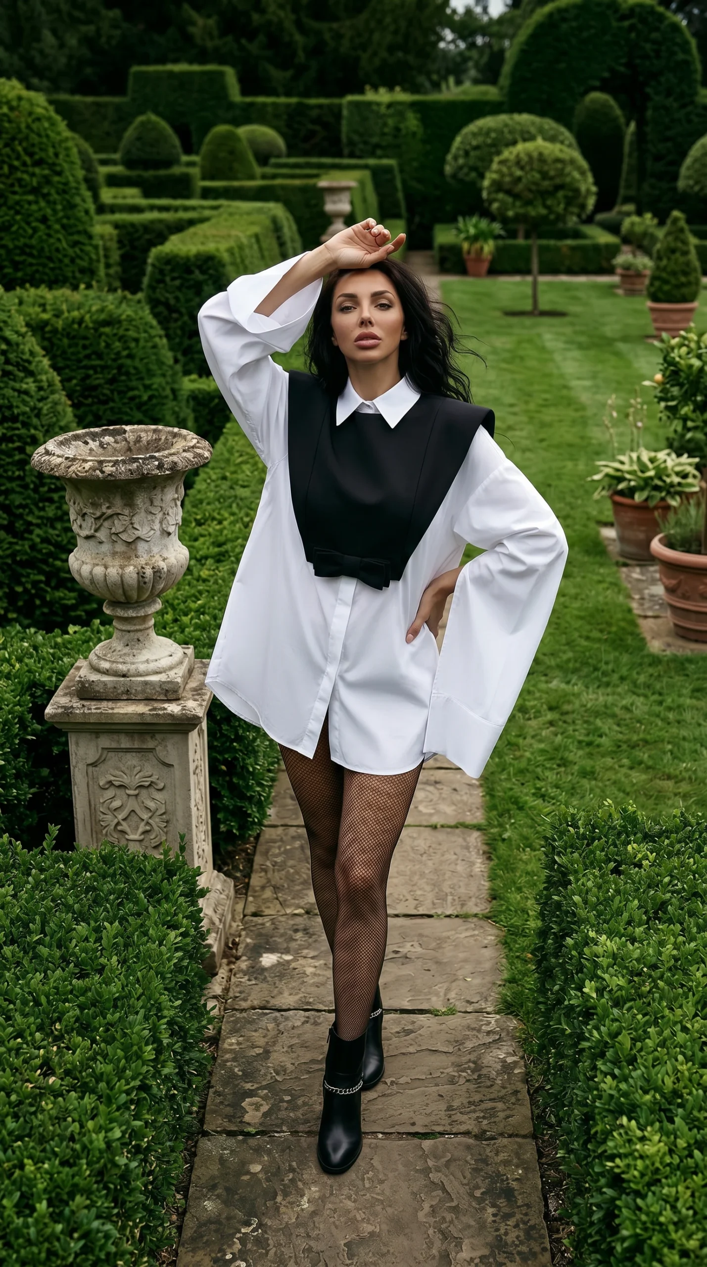 Woman in black and white fashion outfit sitting in a manicured garden with geometric hedges and stone elements