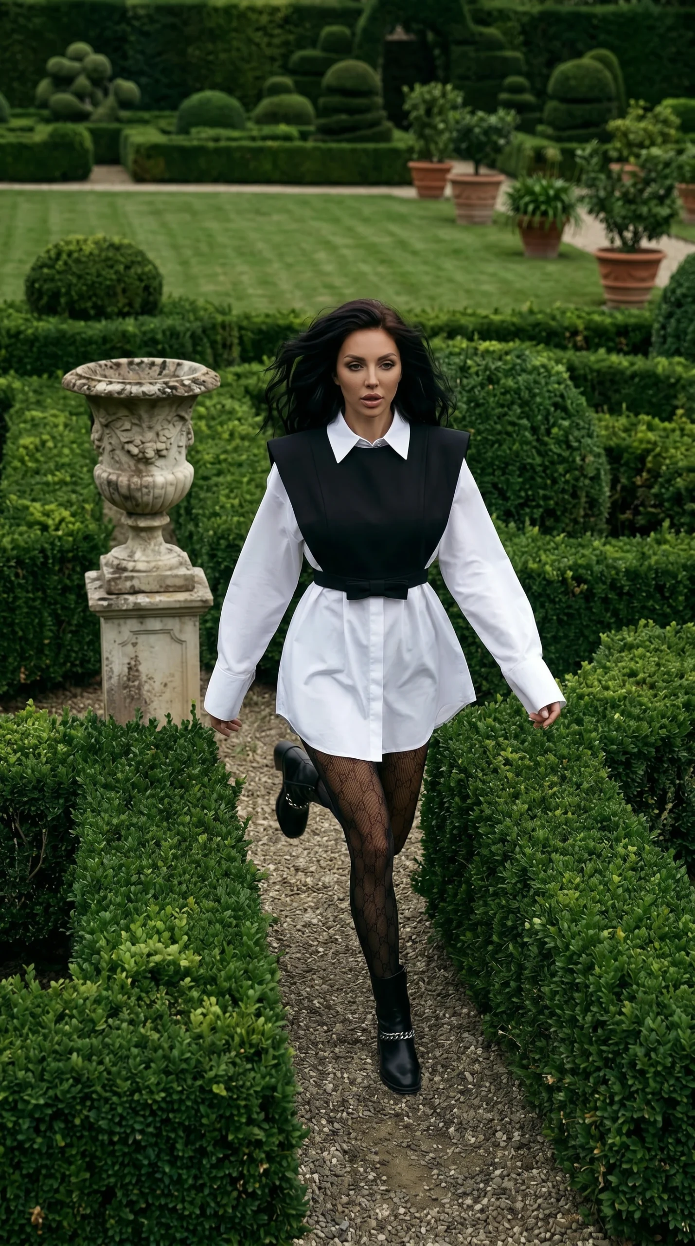 Woman in black and white fashion outfit sitting in a manicured garden with geometric hedges and stone elements