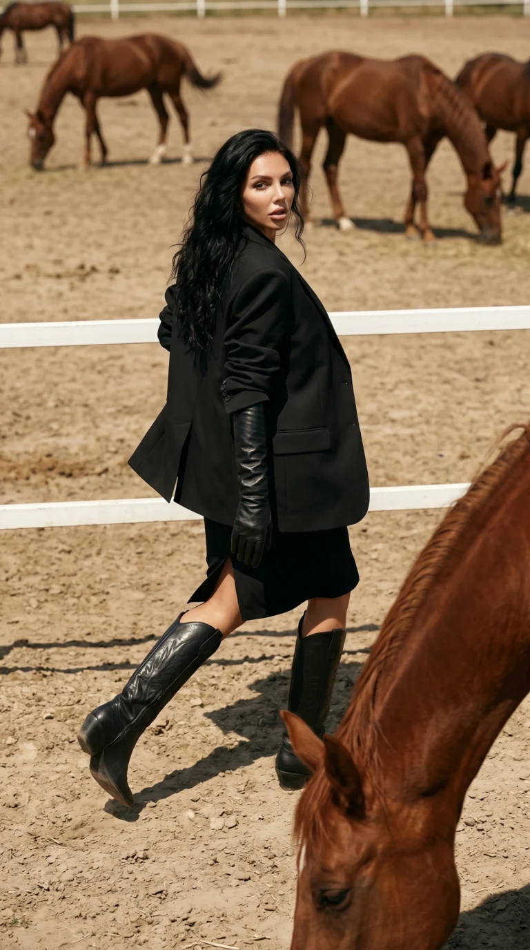 Fashion model in a black blazer dress, leather gloves, and knee-high boots sitting on a ranch fence surrounded by horses in a luxury Western editorial photoshoot.