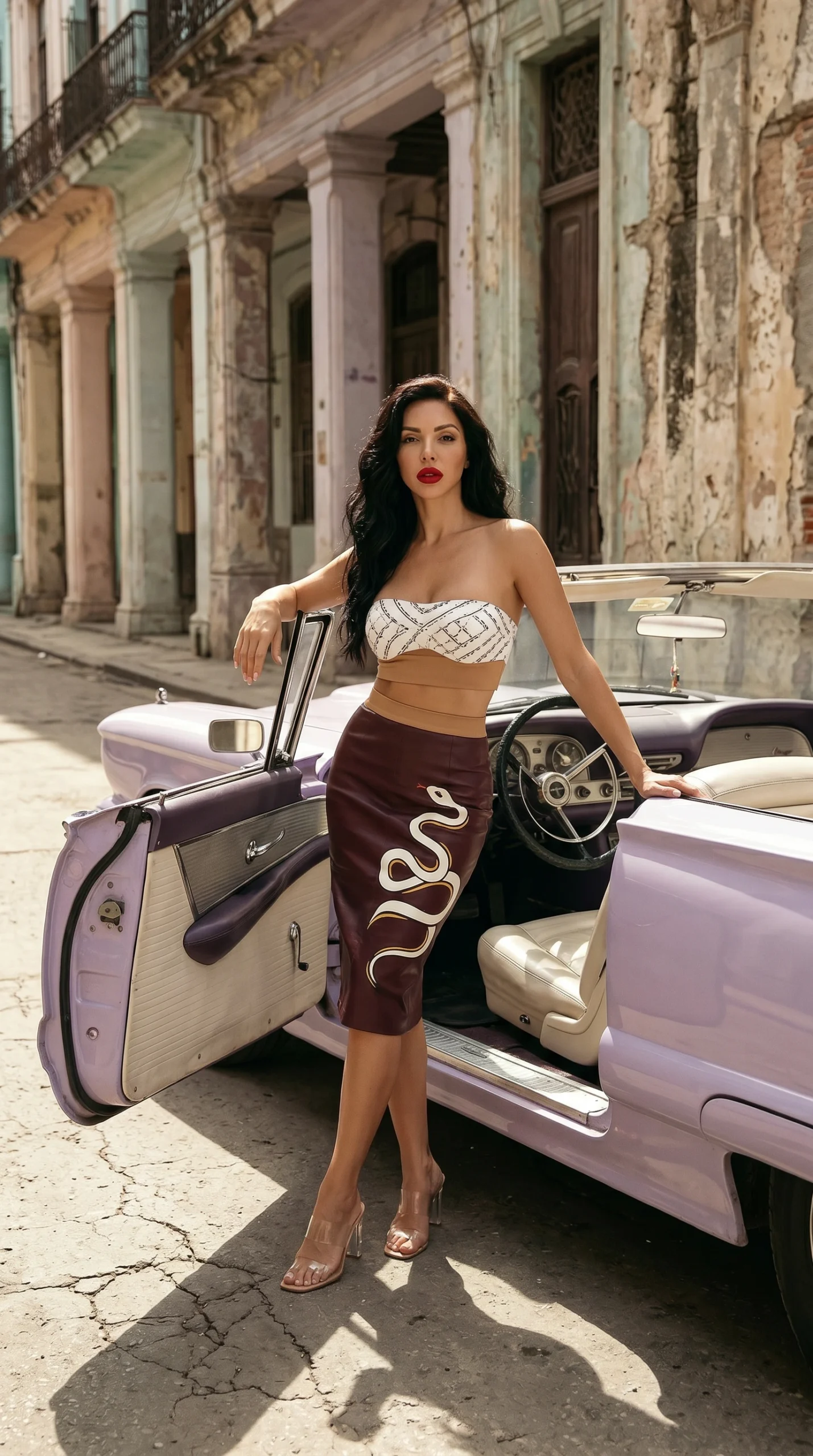 fashion model standing next to a vintage car in colorful old street with retro architecture fashion editorial photography