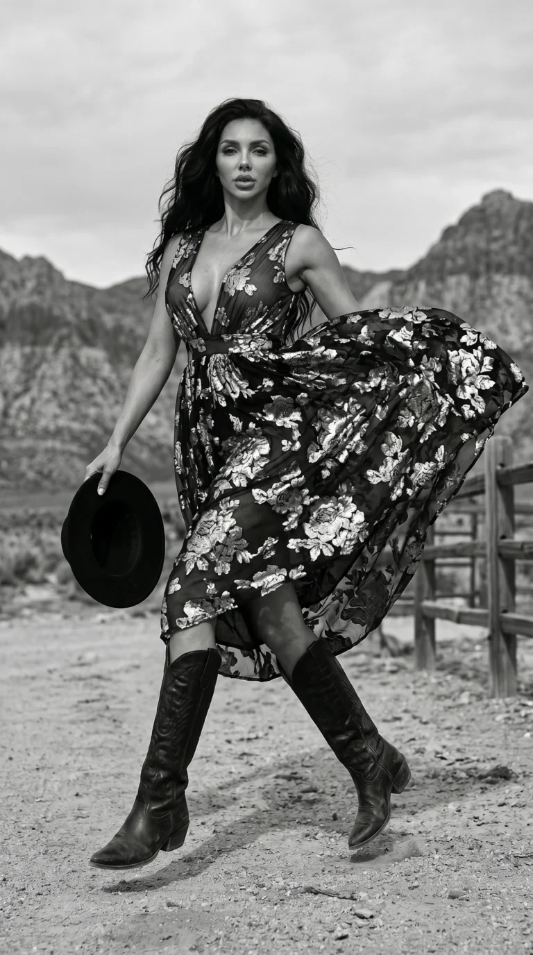 fashion model in flowing floral dress and cowboy boots standing in desert landscape with mountains holding black hat