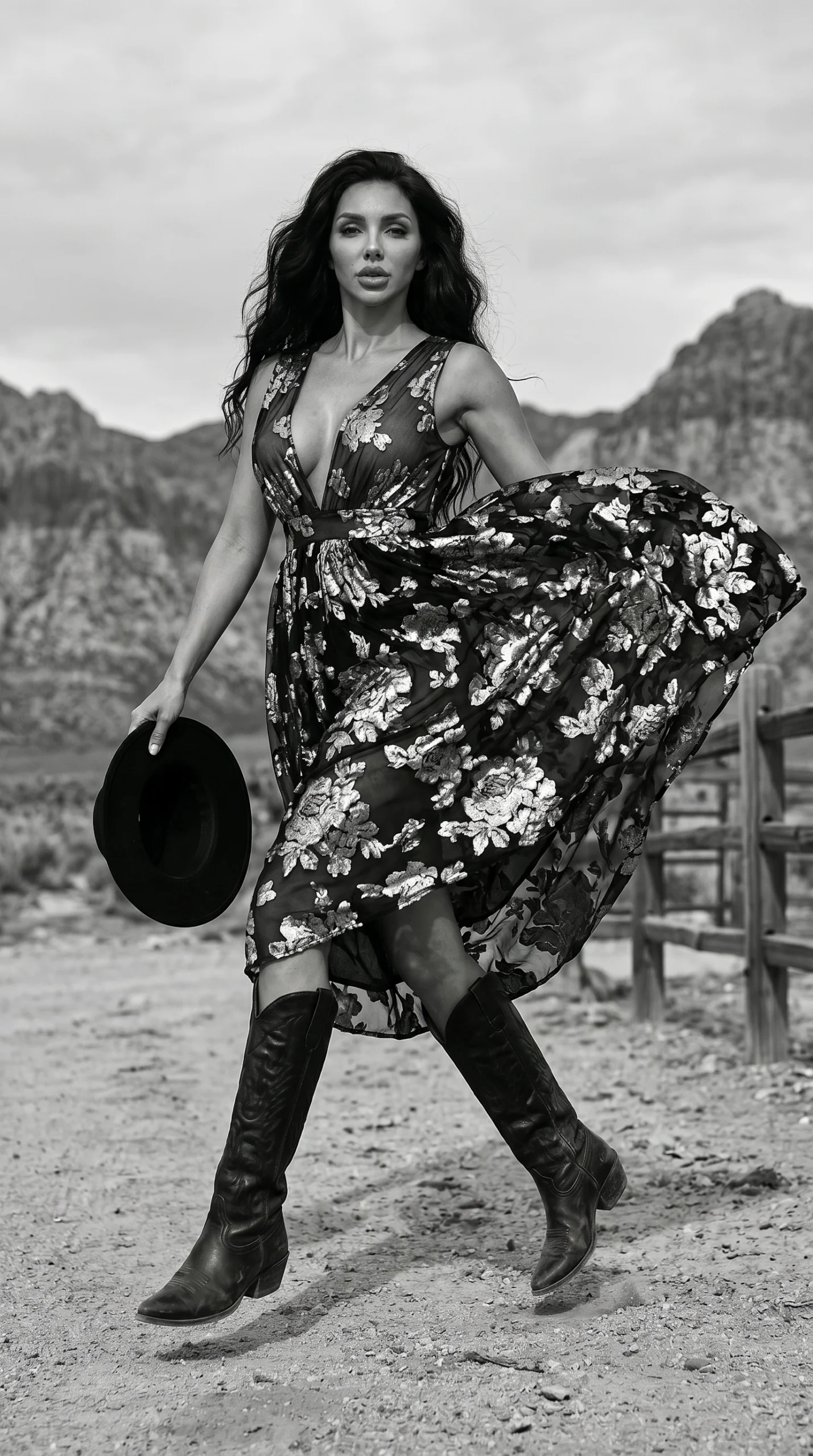 fashion model in flowing floral dress and cowboy boots standing in desert landscape with mountains holding black hat