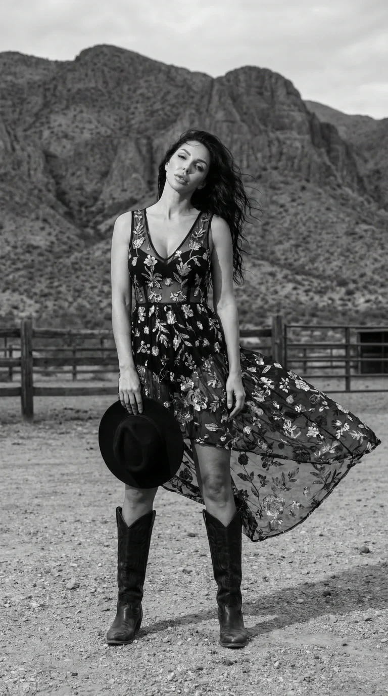 fashion model in flowing floral dress and cowboy boots standing in desert landscape with mountains holding black hat