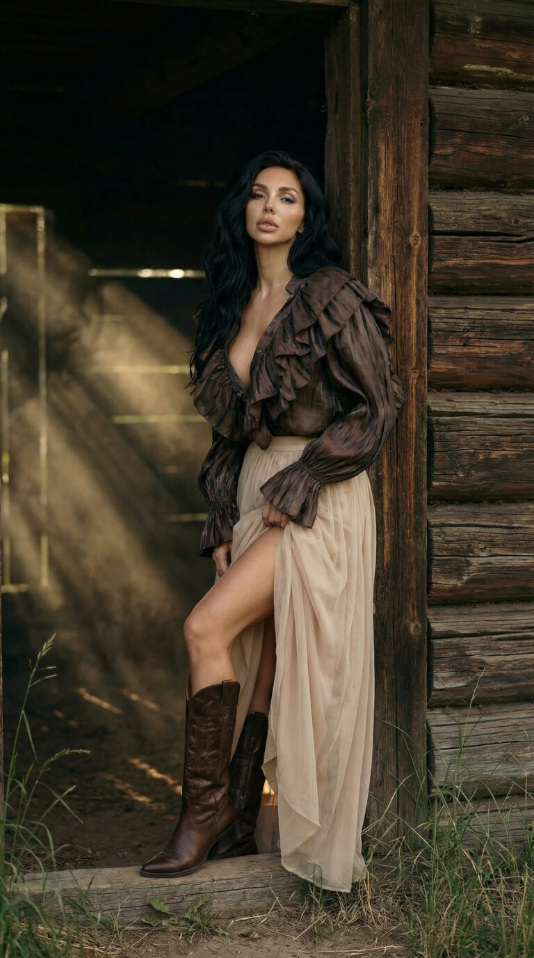 Fashion model wearing brown blouse and cowboy boots standing in rustic wooden barn doorway with sunlight rays
