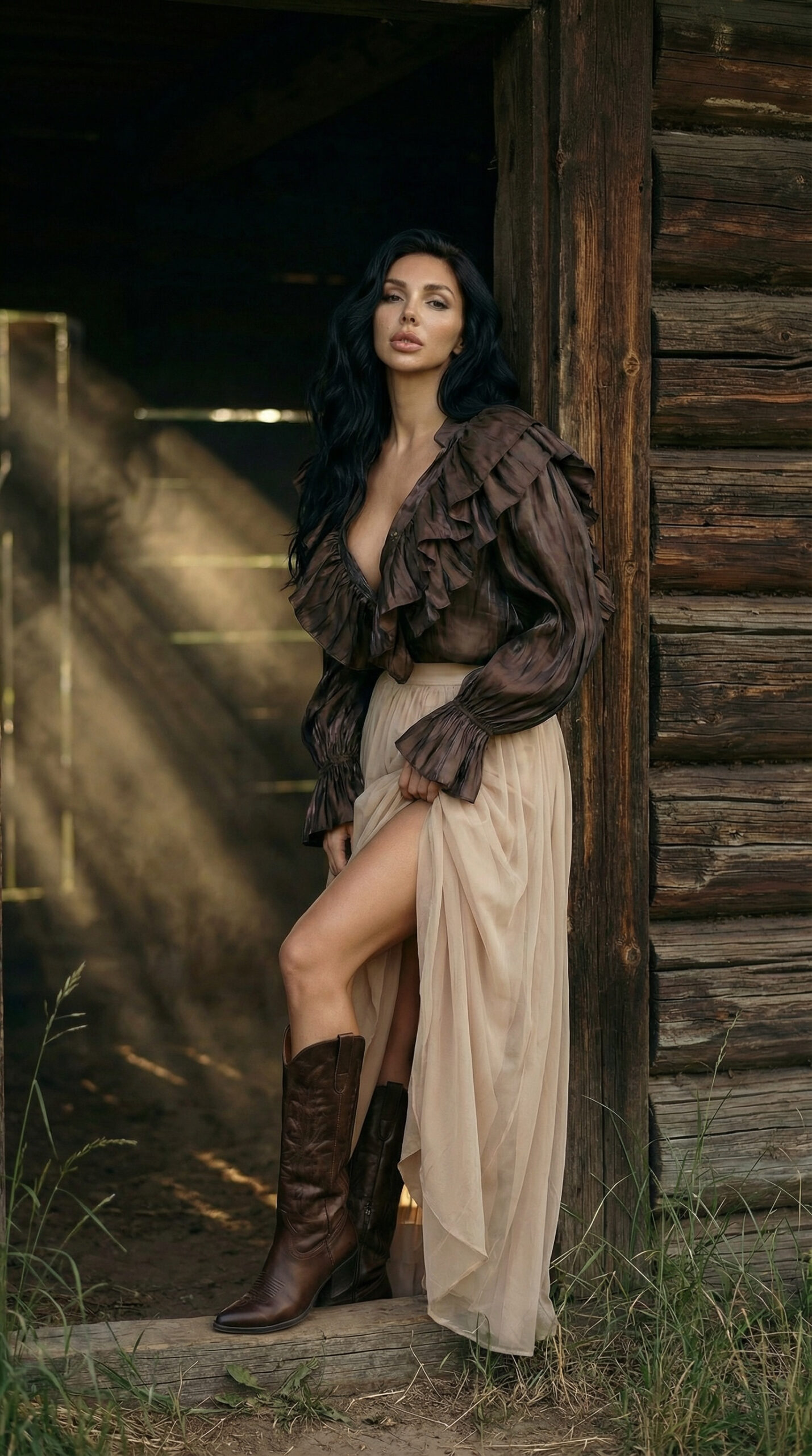Fashion model wearing brown blouse and cowboy boots standing in rustic wooden barn doorway with sunlight rays