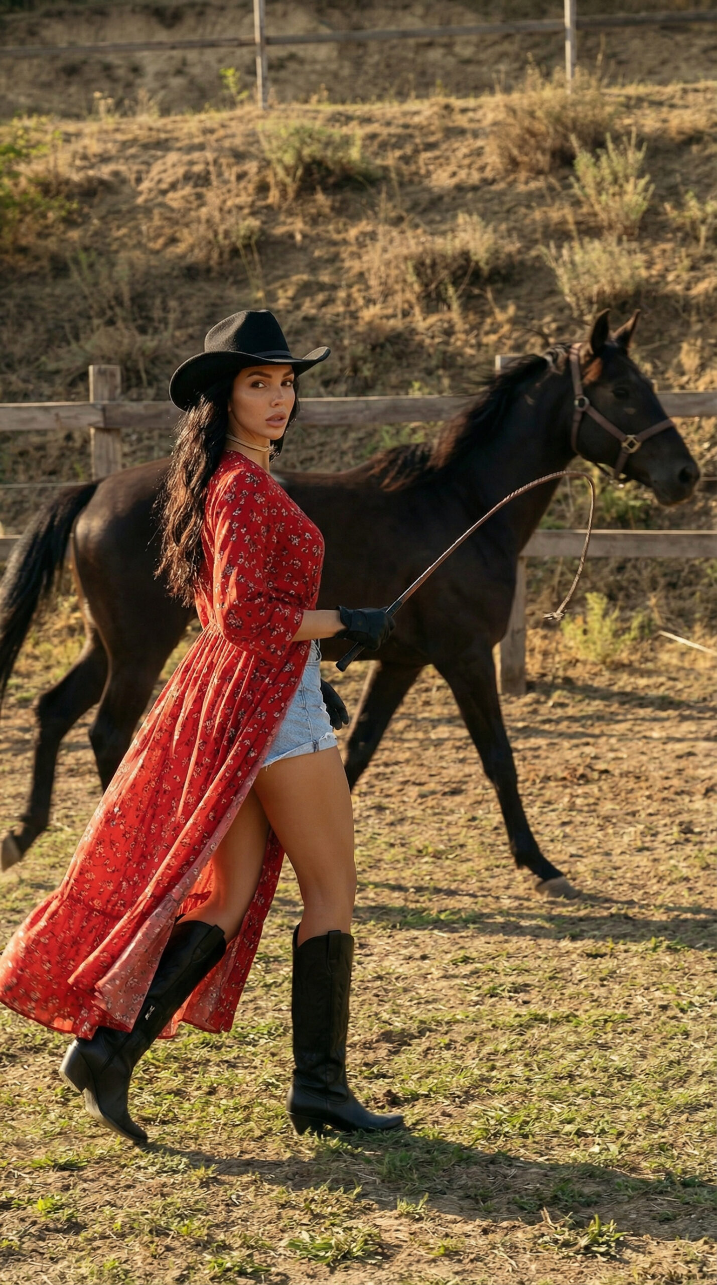 Elegant cowgirl fashion model wearing red dress, cowboy hat and boots posing with horses in a western ranch
