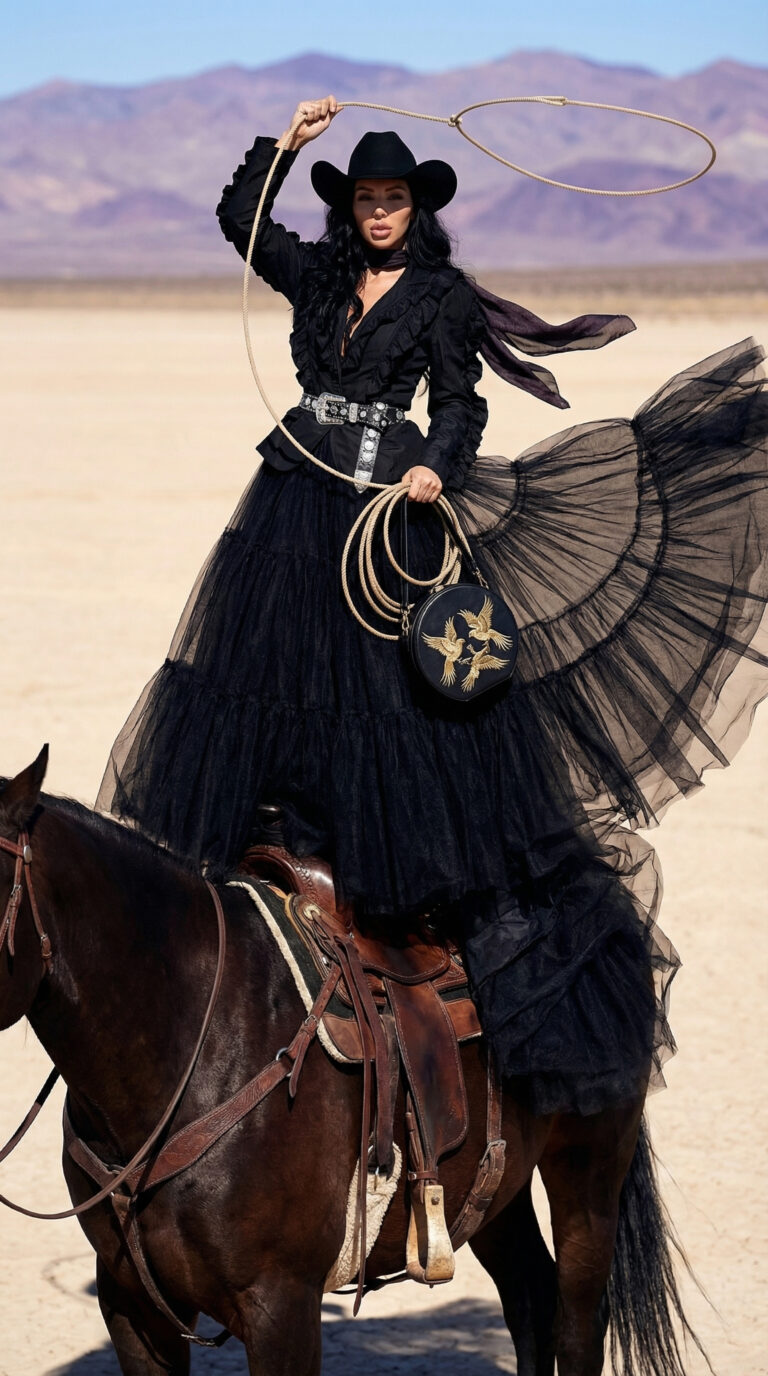 Fashion model in black couture dress and cowboy hat standing on a horse in a desert.
