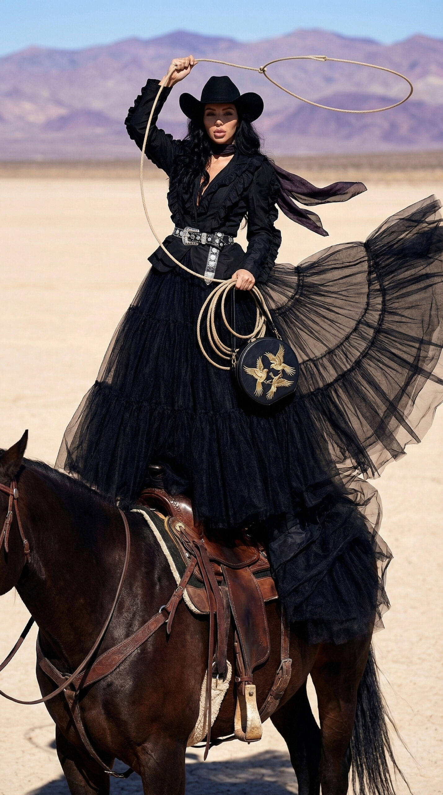 Fashion model in black couture dress and cowboy hat standing on a horse in a desert.