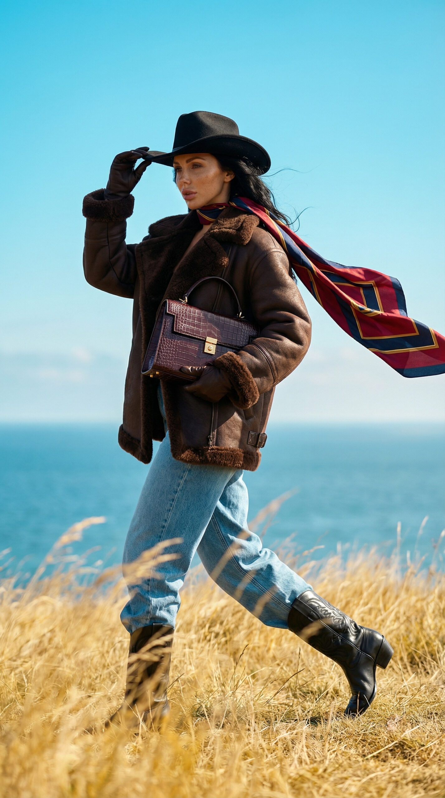 Fashion model wearing cowboy hat and shearling jacket walking through coastal grass with luxury handbag and scarf