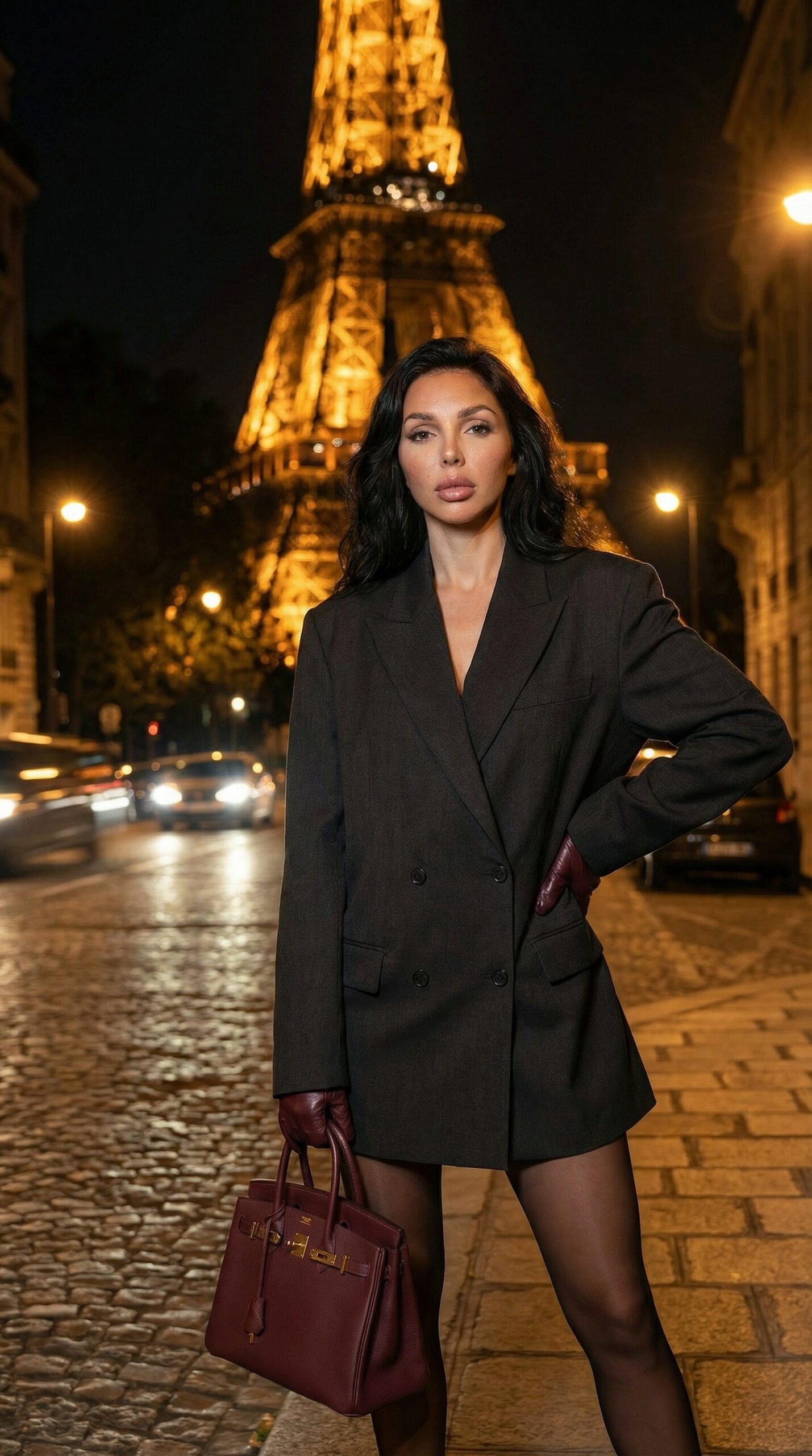 A fashion model standing on cobblestone street near Eiffel Tower at night wearing elegant blazer and gloves