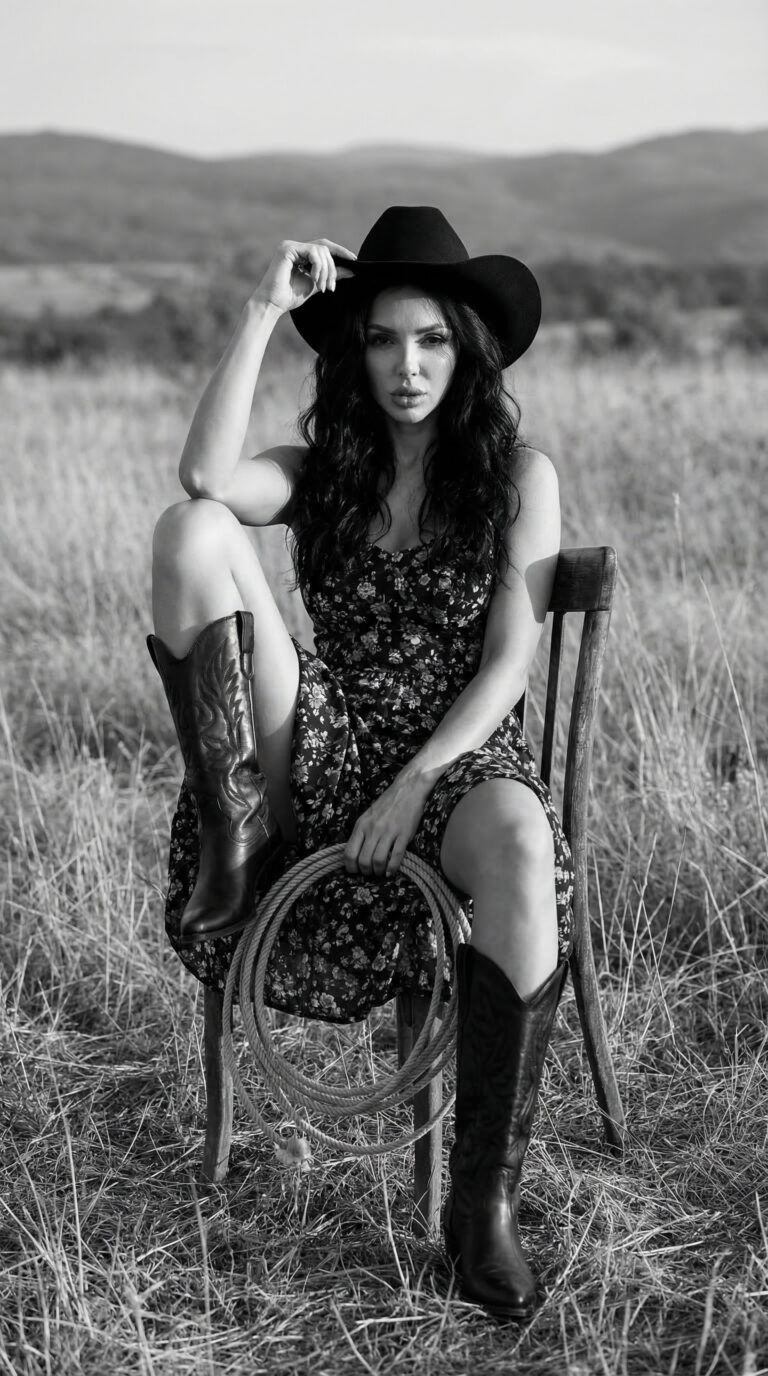 Elegant cowgirl model in black hat and boots sitting on wooden chair in golden field with lasso rope
