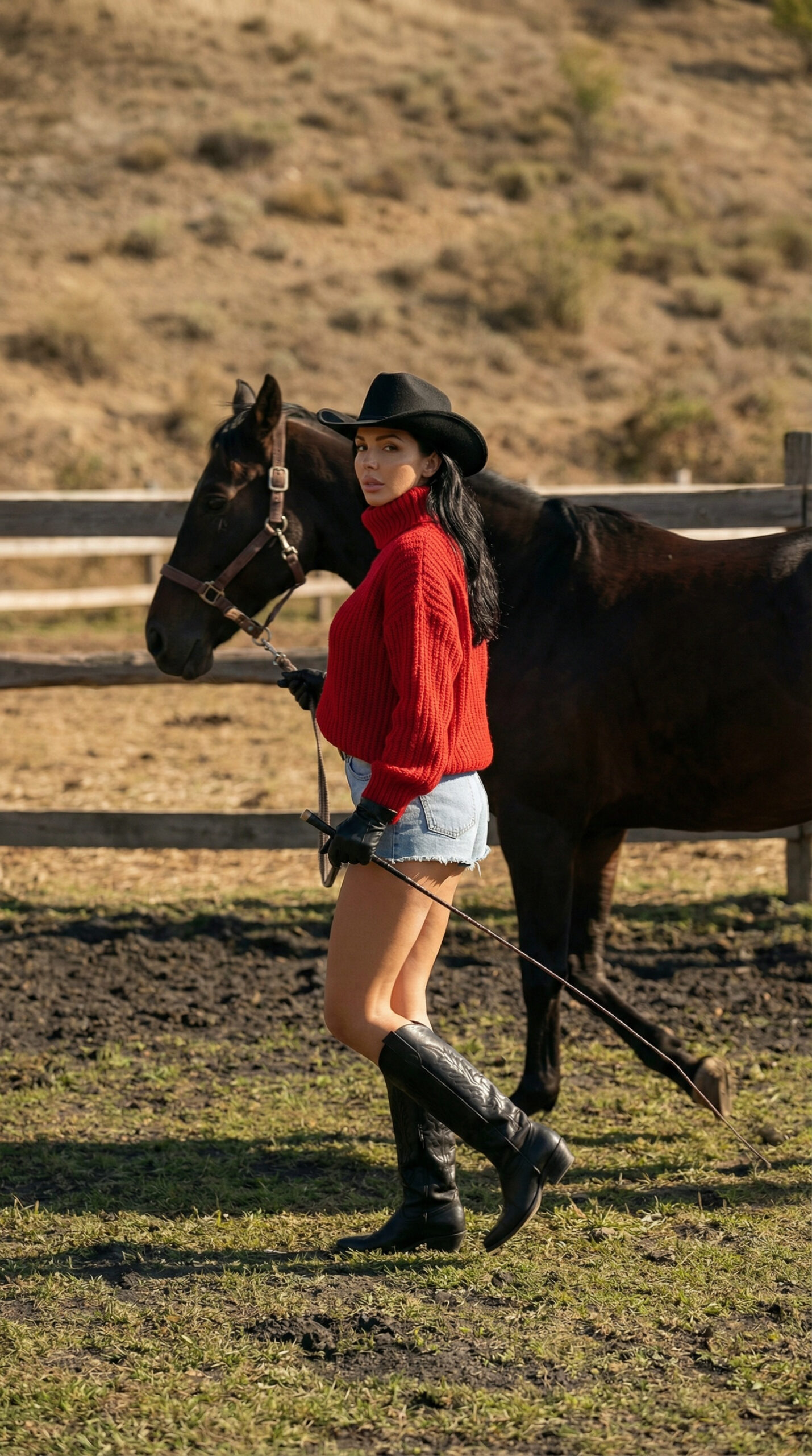 Elegant cowgirl fashion model wearing red sweater, denim shorts, cowboy hat and boots posing with horses in a western ranch landscape