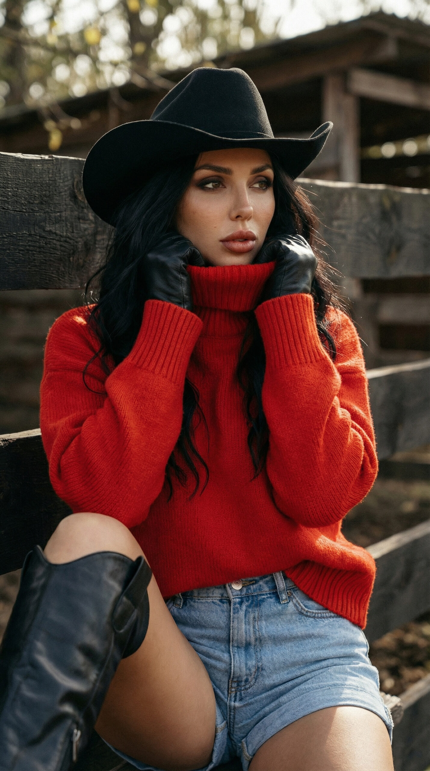 Elegant cowgirl fashion model wearing red sweater, denim shorts, cowboy hat and boots in a western ranch