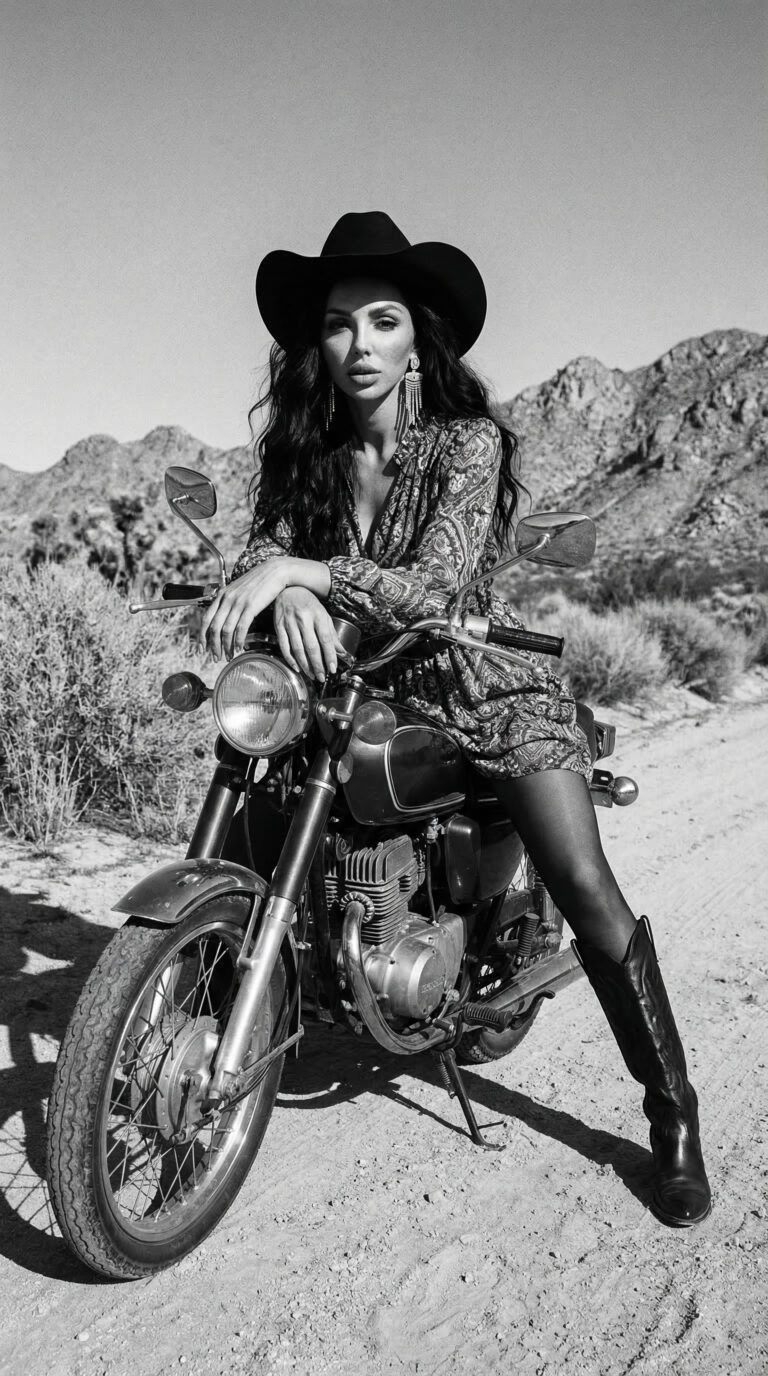 fashion model in pink dress and cowboy hat sitting on motorcycle in desert landscape