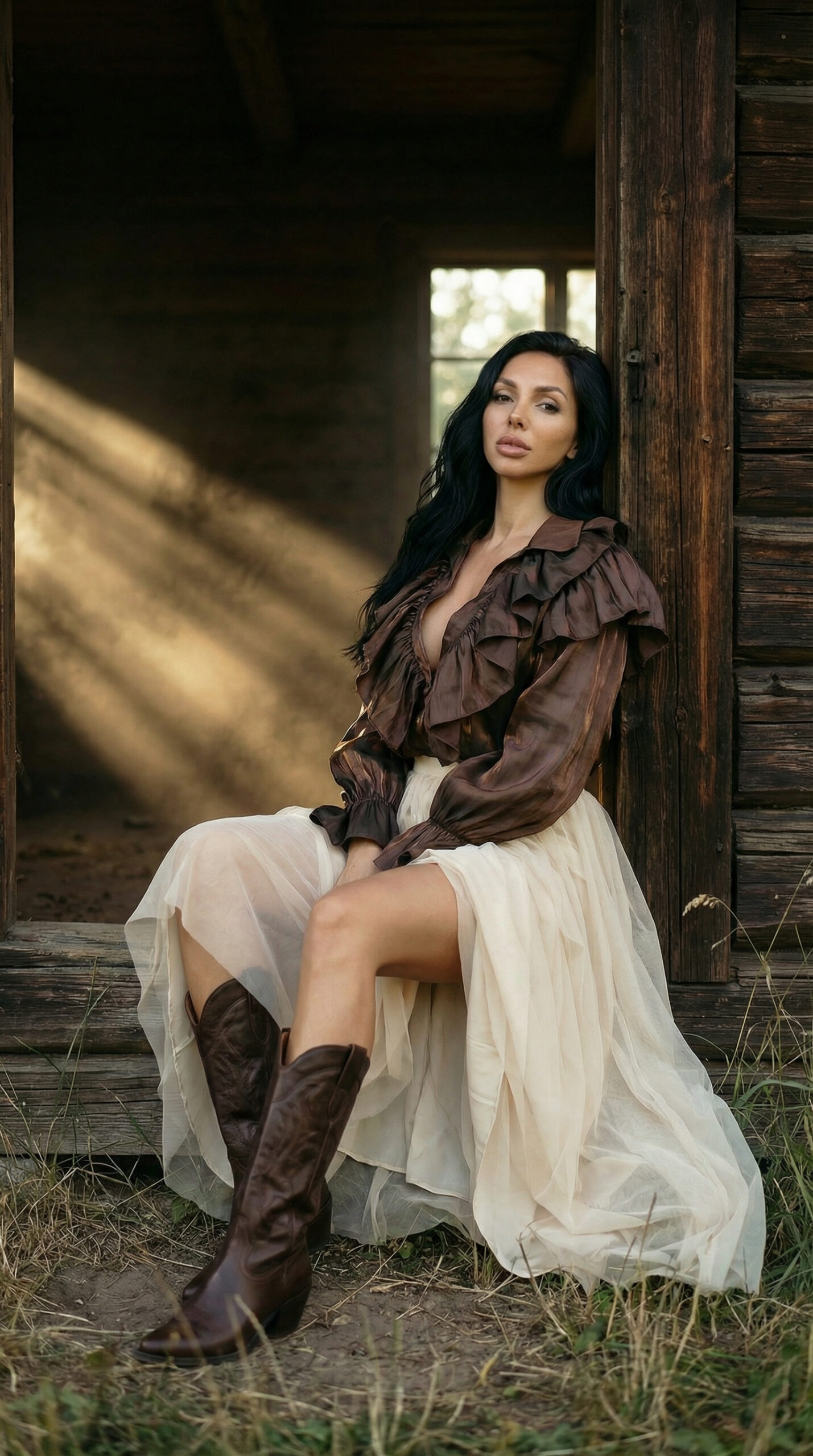 Fashion model wearing brown blouse and cowboy boots standing in rustic wooden barn doorway with sunlight rays