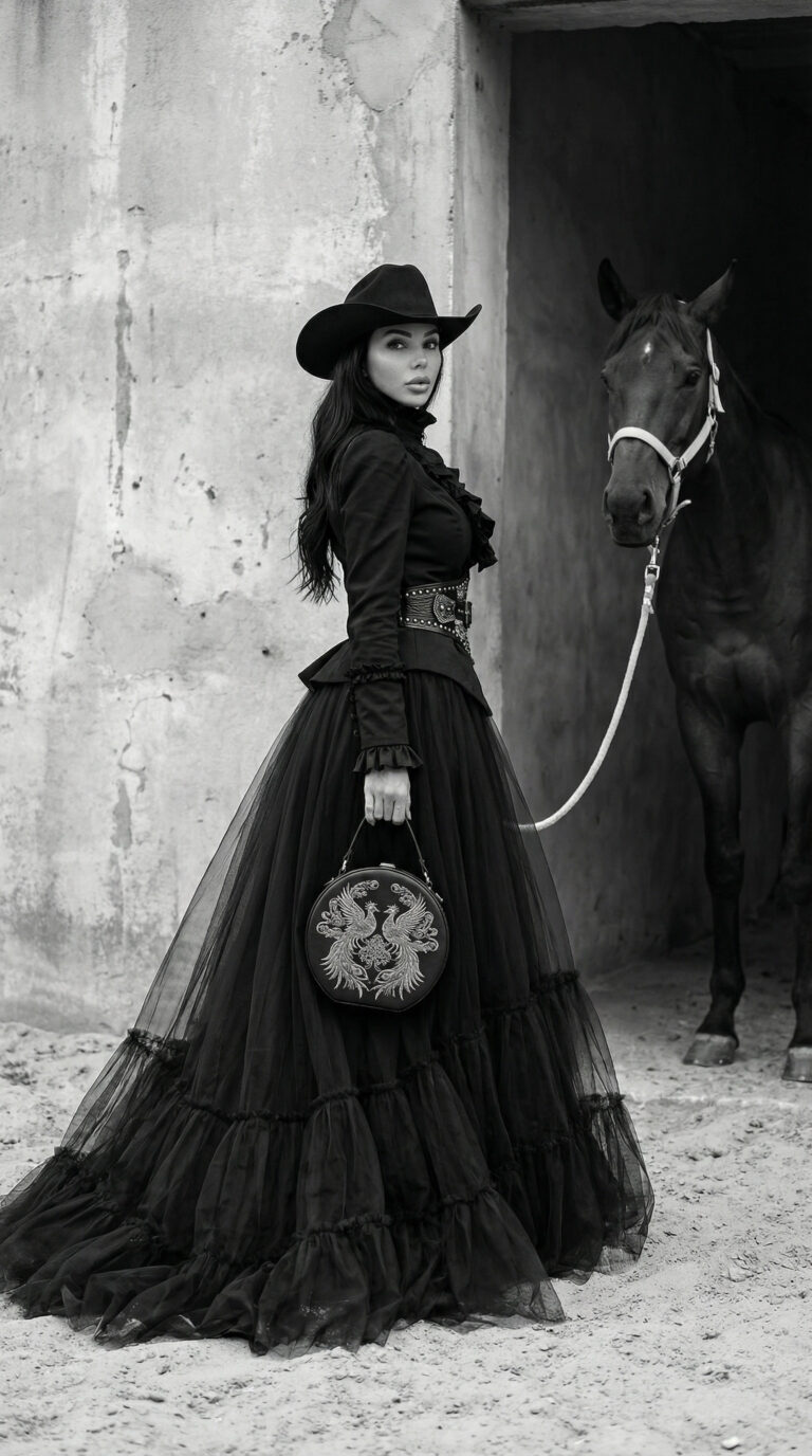 Fashion model in black couture dress and cowboy hat standing beside horse in rustic stable doorway