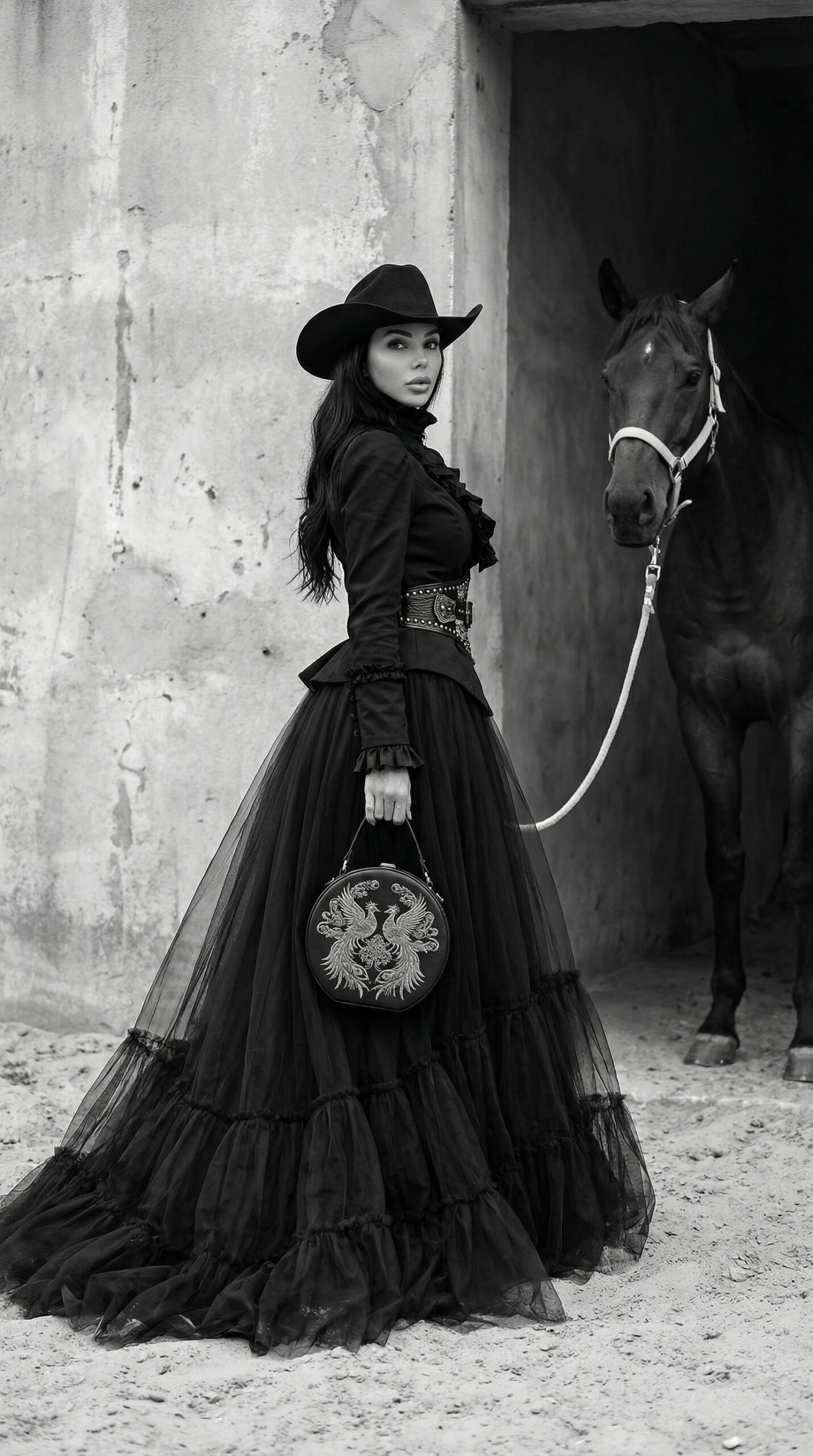 Fashion model in black couture dress and cowboy hat standing beside horse in rustic stable doorway