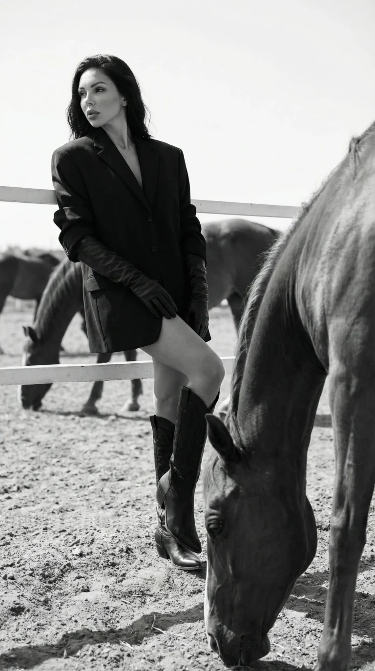 Fashion model in a black blazer dress, leather gloves, and knee-high boots sitting on a ranch fence surrounded by horses in a luxury Western editorial photoshoot.