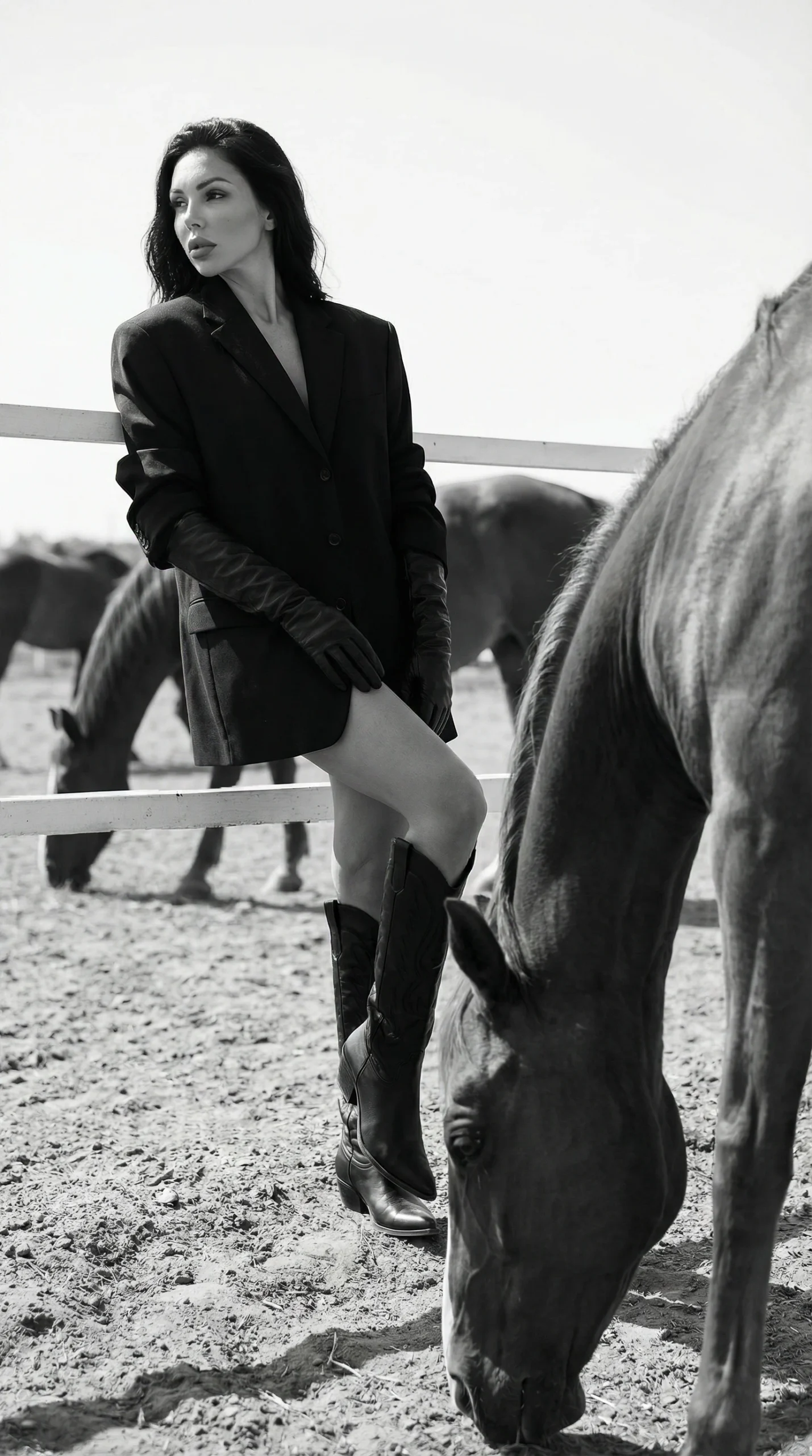Fashion model in a black blazer dress, leather gloves, and knee-high boots sitting on a ranch fence surrounded by horses in a luxury Western editorial photoshoot.
