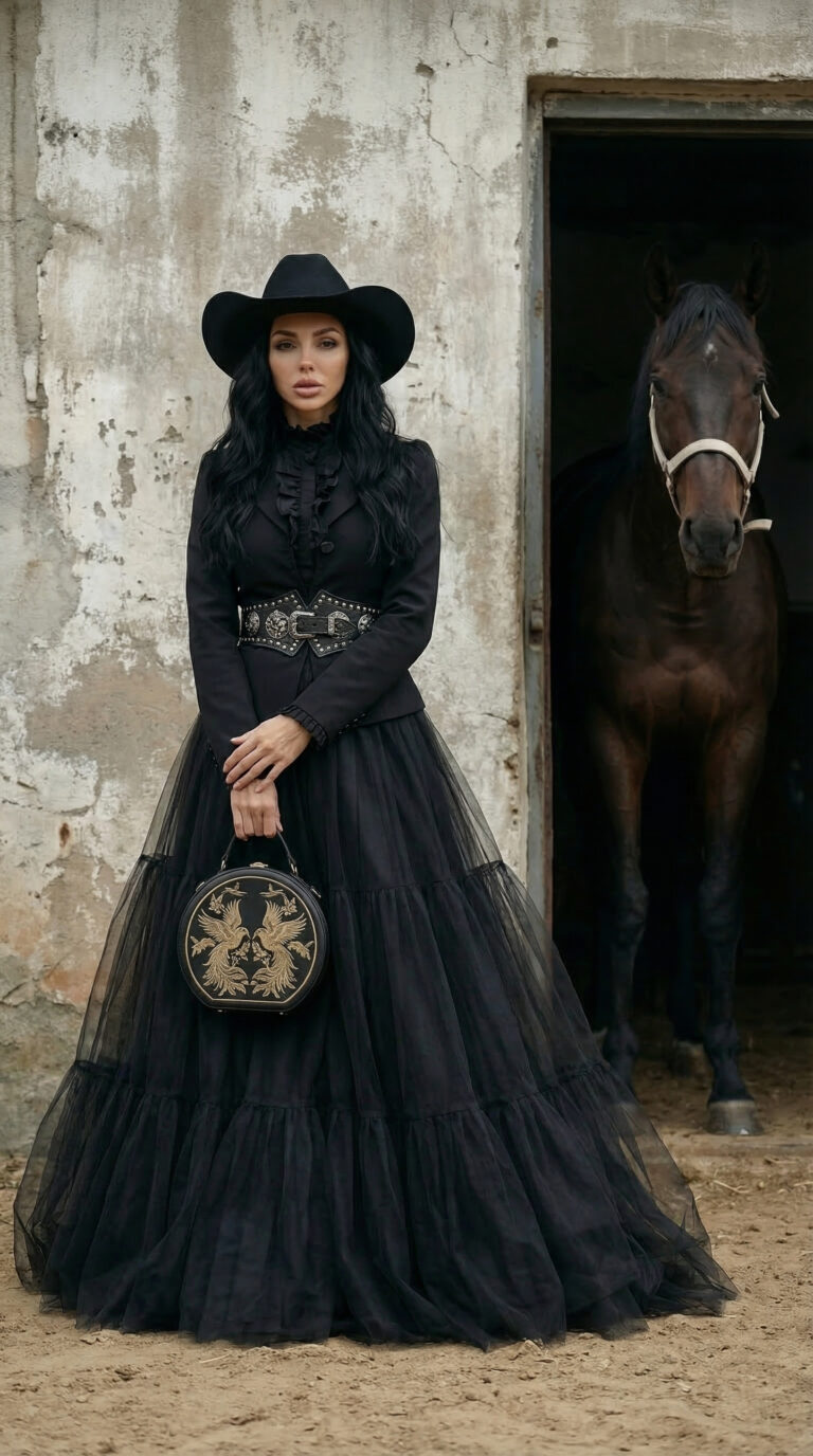 Fashion model in black couture dress and cowboy hat standing beside horse in rustic stable doorway