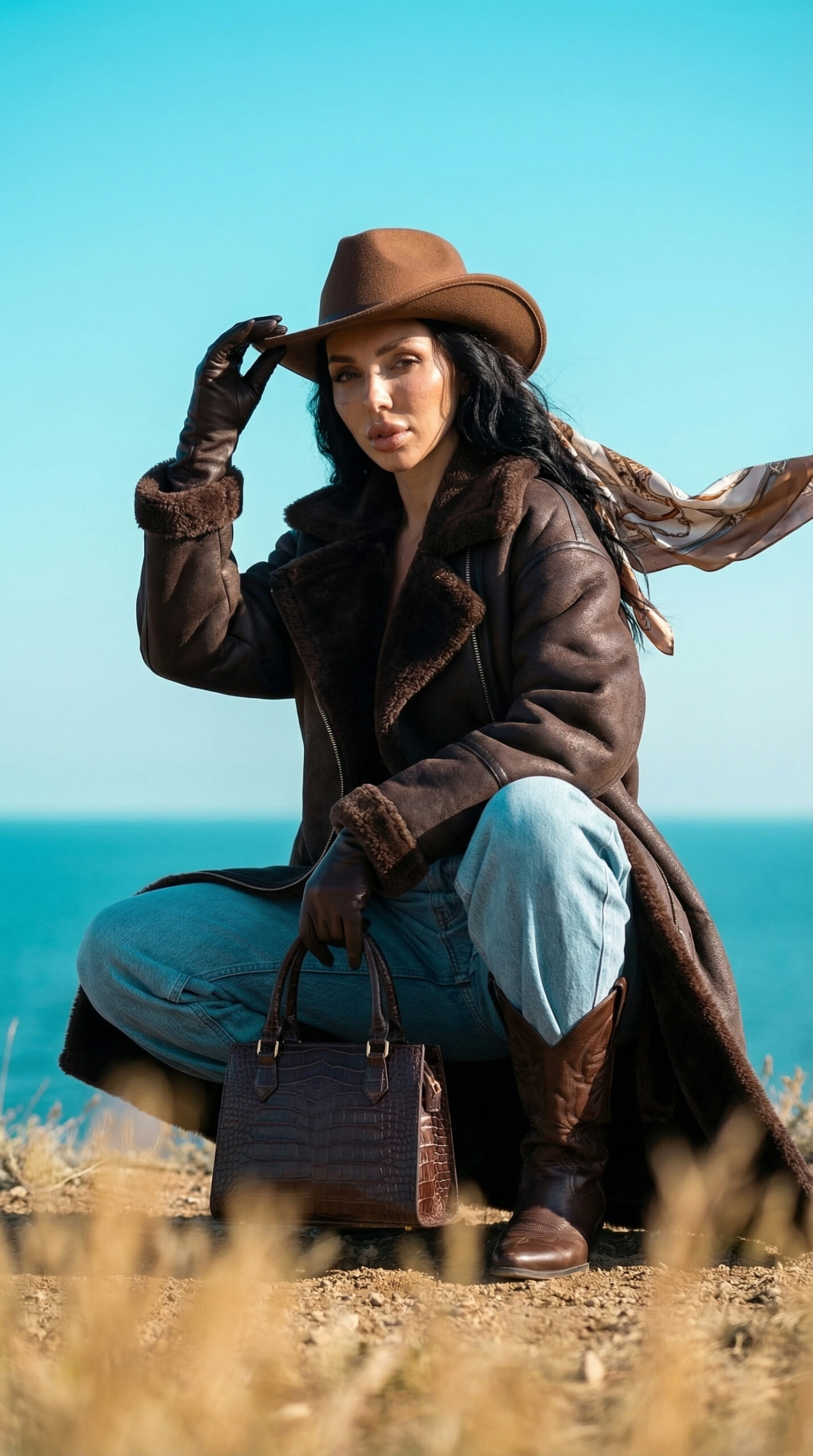 Fashion model wearing cowboy hat and shearling jacket sitting on a coastal grass with luxury handbag and scarf