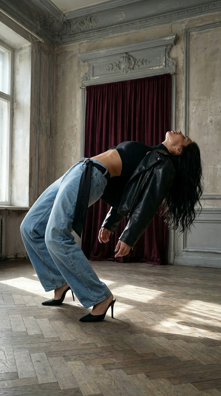 Confident fashion model wearing black leather jacket, crop top and jeans posing in vintage interior room
