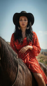Elegant cowgirl fashion model wearing red dress, cowboy hat and with horses in a western ranch landscape