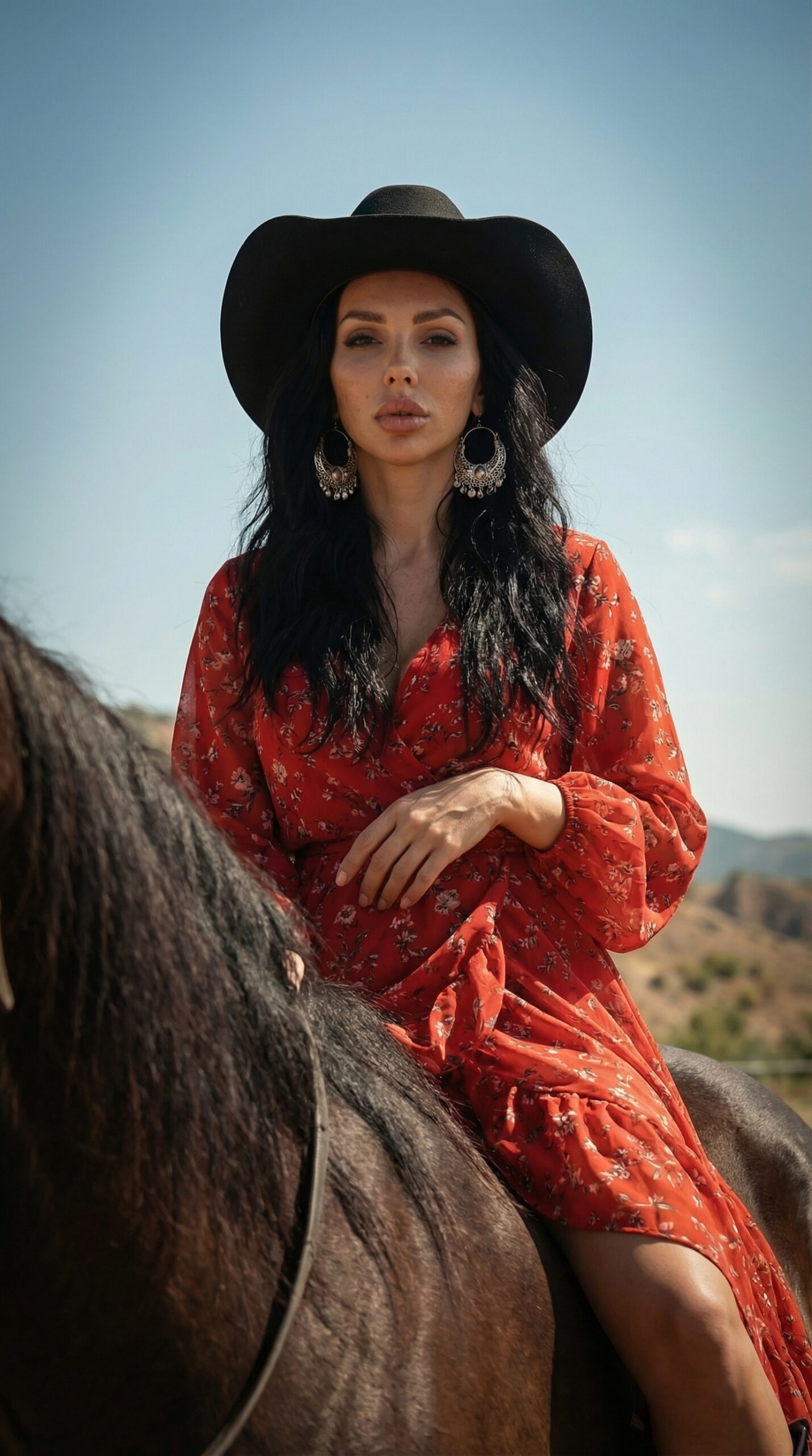 Elegant cowgirl fashion model wearing red dress, cowboy hat and with horses in a western ranch landscape