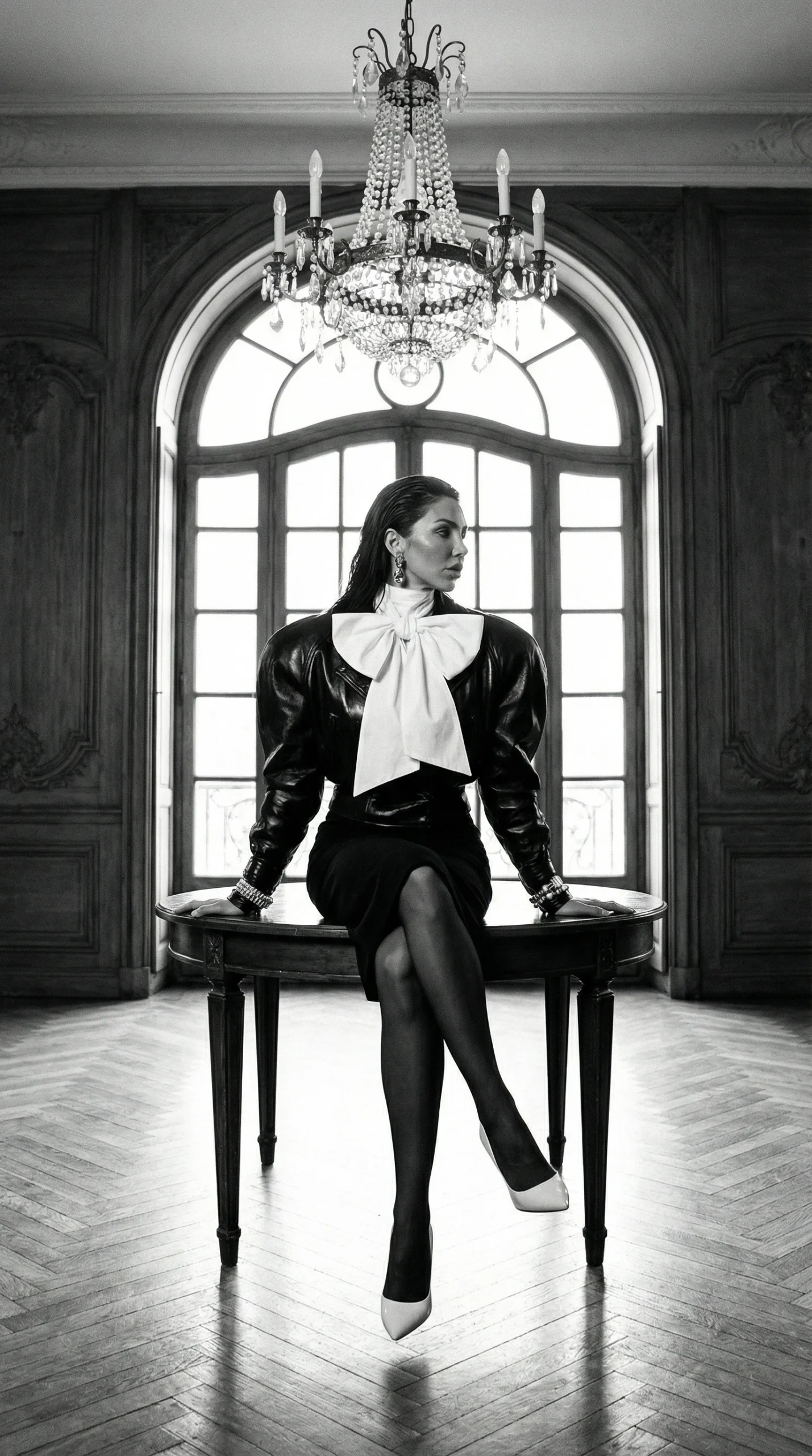 Black and white luxury fashion editorial image featuring elegant leather and bow couture look and vintage interior styling
