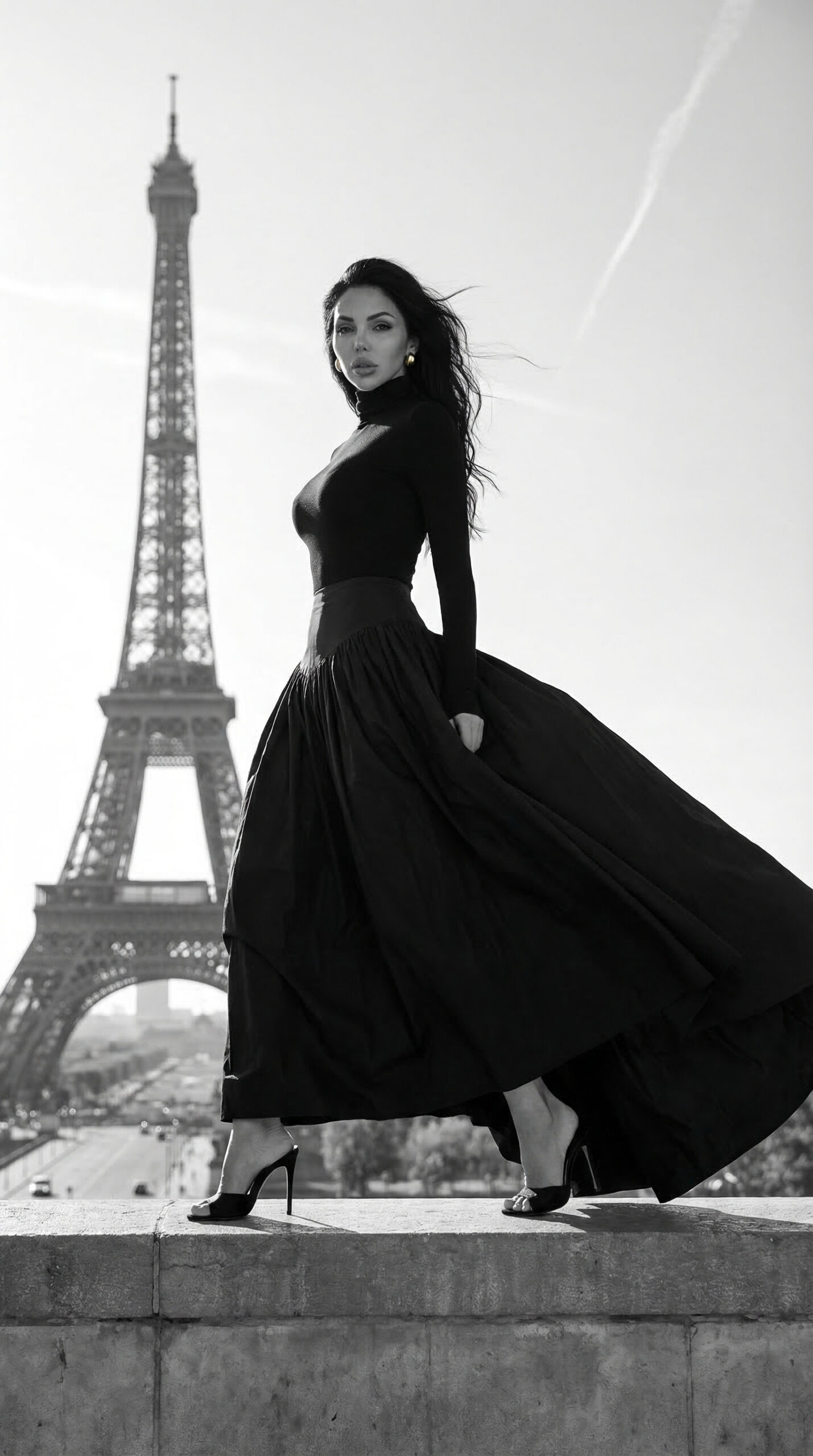 Fashion model in elegant black dress walking near Eiffel Tower in Paris editorial fashion photoshoot