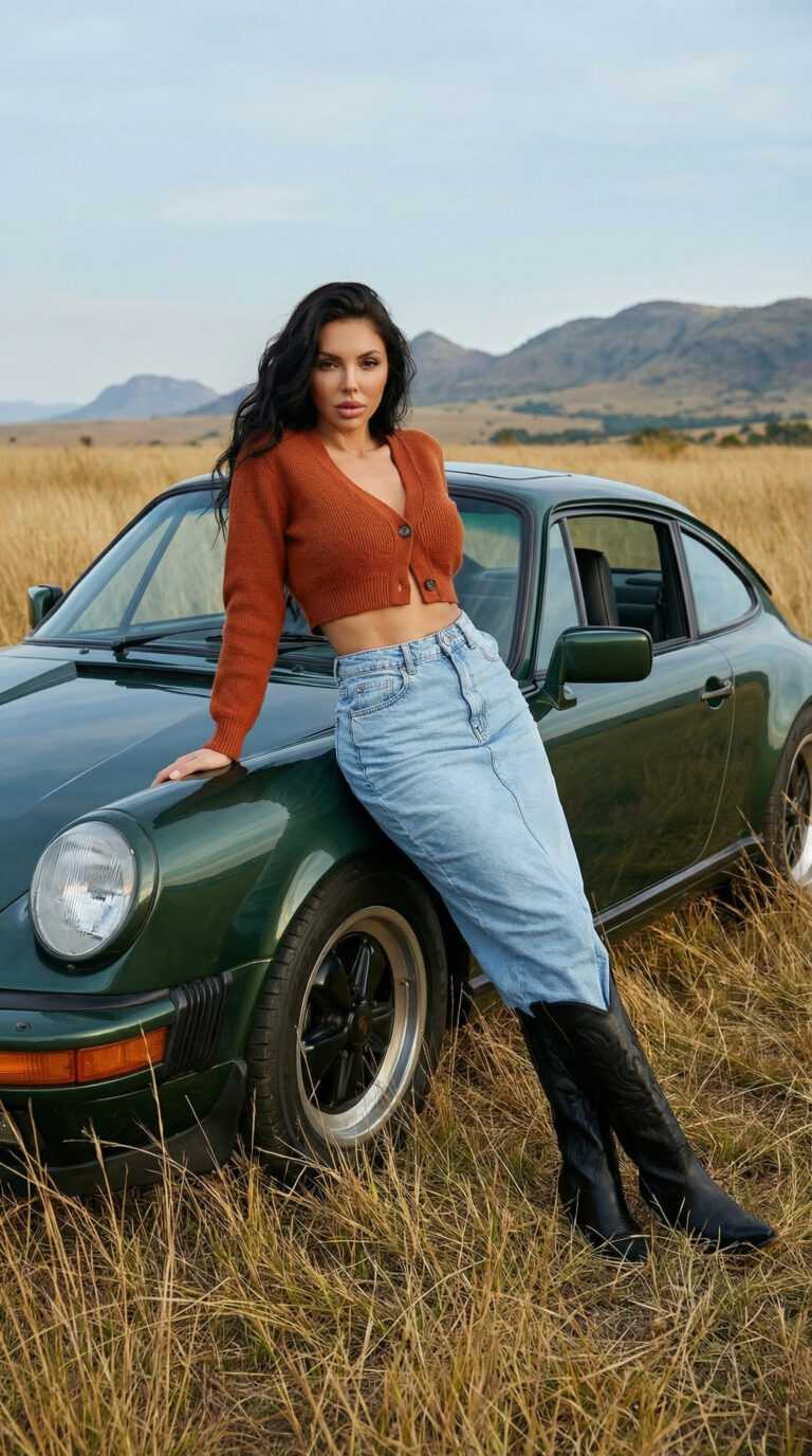 Fashion model in red top and denim skirt leaning on vintage car in golden prairie landscape.